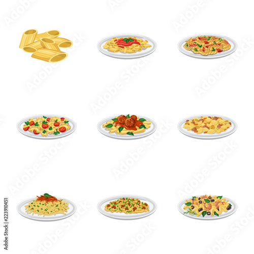 Vector illustration of pasta and carbohydrate icon. Set of pasta and macaroni stock symbol for web.