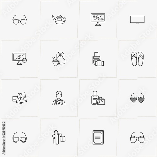Pensioner line icon set with doctor , television and tea pot