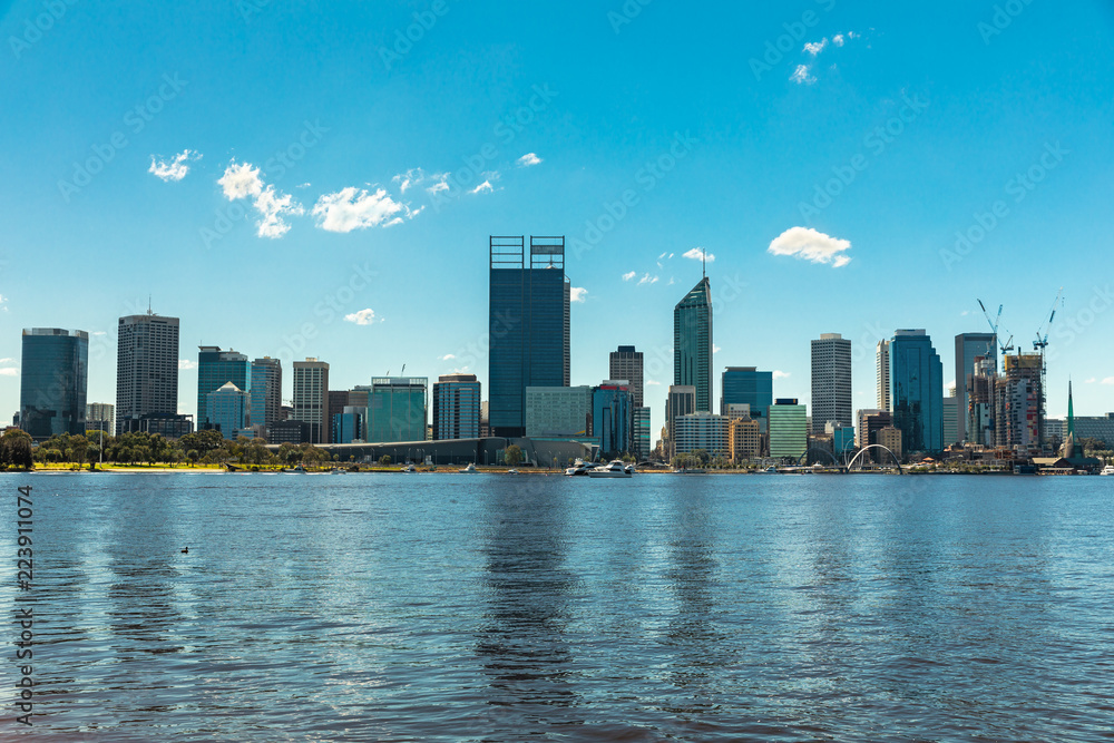Naklejka premium Perth, Australia, Elizabeth Quay Marina on a sunny day with skys