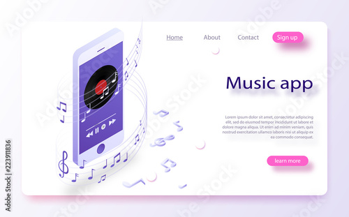Music Player on Smartphone with LP Disc. Mobile Application Interface. Smartphone with music media player interface template