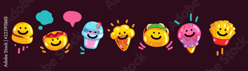 Emoji fast food. Vector illustration of burger stickers, hot dog, milkshake, pizza, pita, ice cream and french fries. Set of cartoon puffy icons