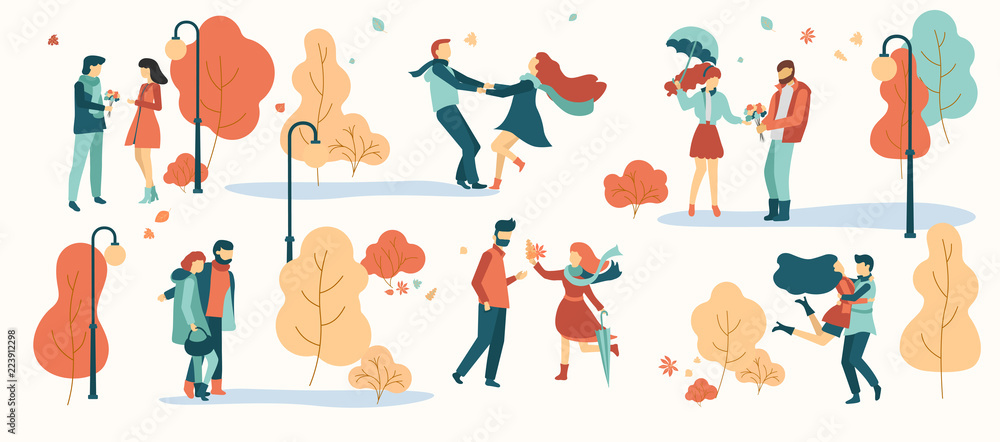 Enamored couples meet and walk in park. Autumn illustration.