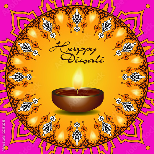 Carte postale pour Diwali, la fête des lumières en Inde. Illustration vectoriel d’une bougie entourée d’une rosace jaune et orange au motif indien ancien, sur un fond rose.