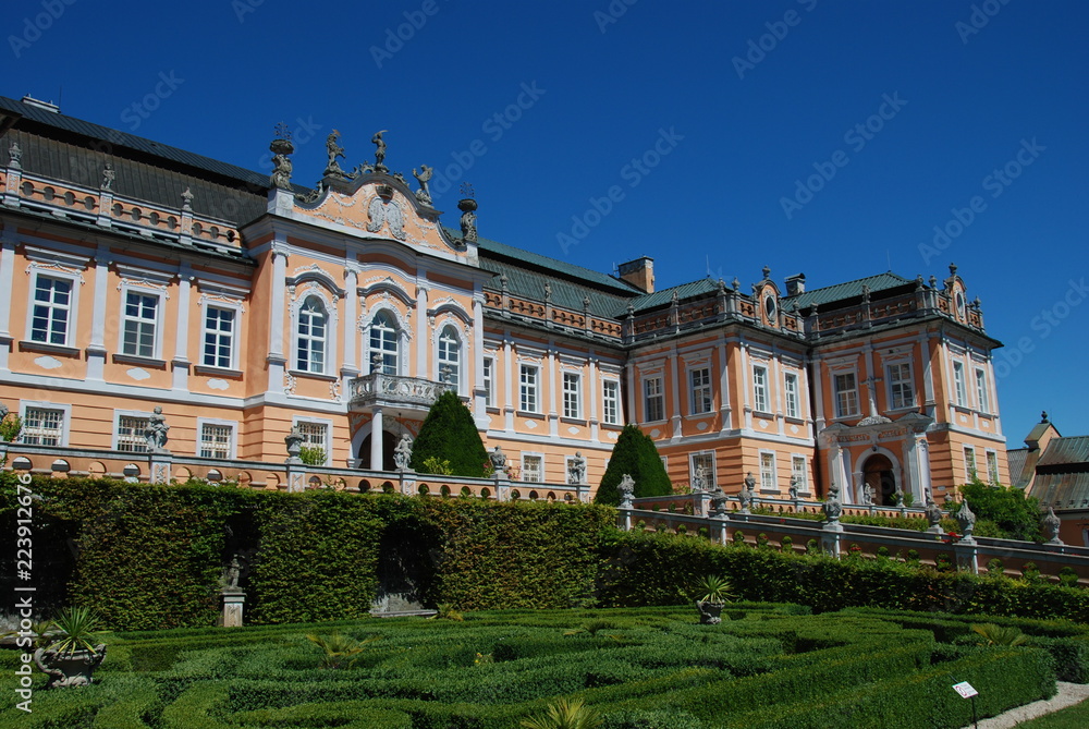 Nové Hrady Castle in rococo style with gardens around in Eastern Bohemia, Czech Republic
