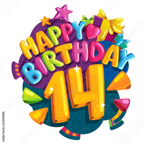 Happy birthday 14 years. Vector color illustration for a party