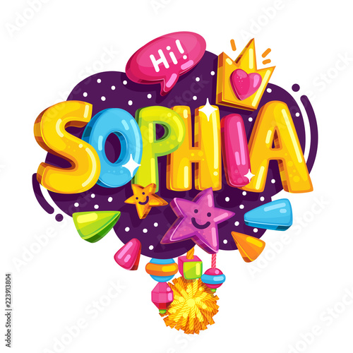 Vector children's emblem of Sophia. Name illustration for the girl. Color print