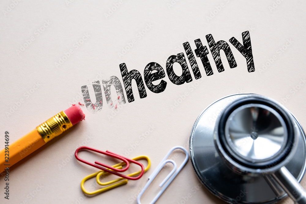unhealthy and healthy concept. Office desk with stationery unhealthy and healthy concept. Office desk with stationery