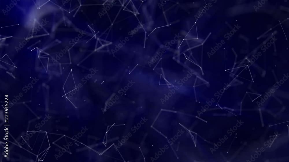 White round particles with a blue glow connected by strips move on a black background. abstract background. 3D rendering White round particles with a blue glow connected by strips move on a black background. abstract background. 3D rendering