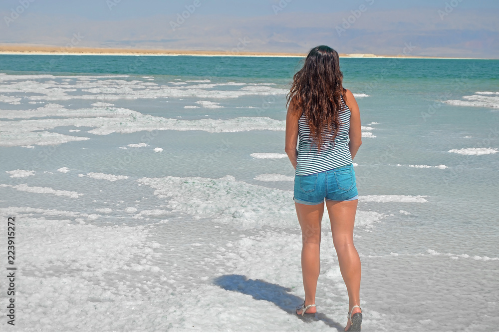 Fototapeta premium young girl looking into the distance to the mountains. brunette walks on the islands from salt in the dead sea, Israel