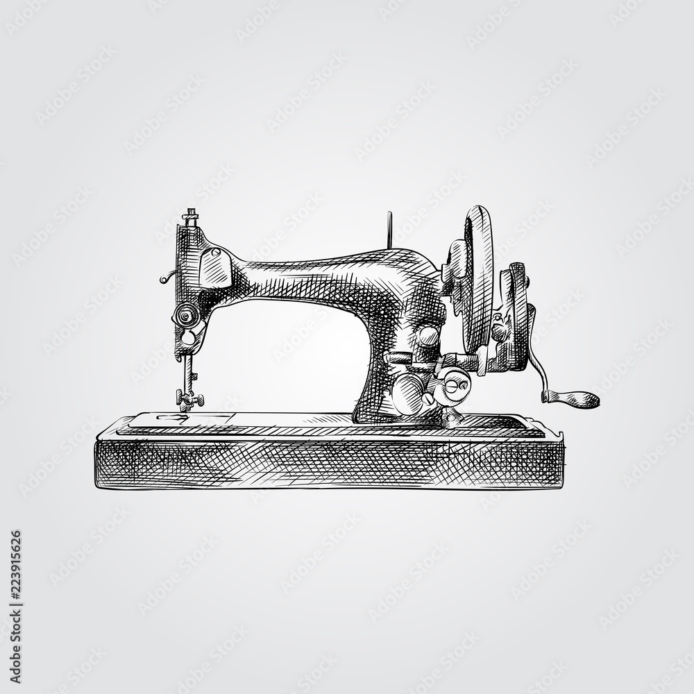 Hand Drawn Sewing Machine Sketch Symbol isolated on white background.  Vector Sewing elements In Trendy Style. Stock Vector