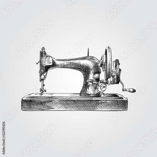 Hand Drawn Sewing Machine Sketch Symbol isolated on white background. Vector Sewing elements In Trendy Style.