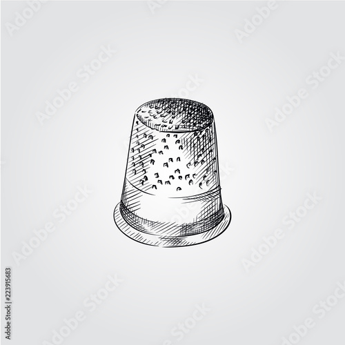 Hand Drawn Thimble Sketch Symbol isolated on white background. Vector Sewing elements In Trendy Style.
