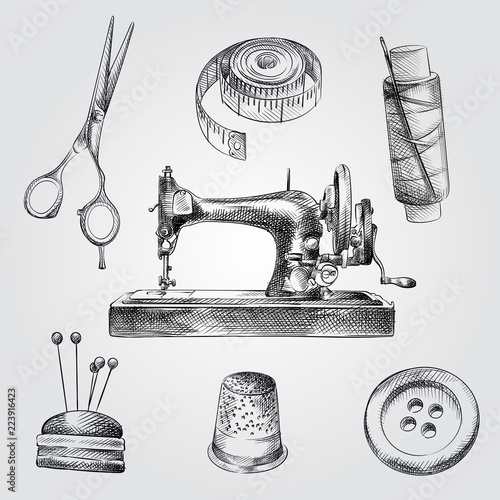 Hand Drawn Sewing Sketches Set. Collection Of sewing machine, pincushion for needles, scissors,  thimble, thread, meter tape, button Sketches on white background.