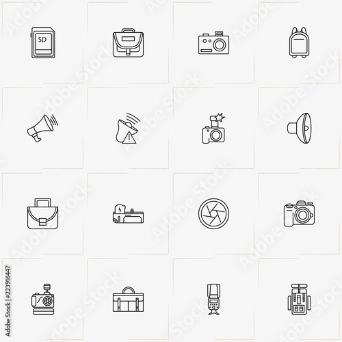 Phototechnique line icon set with backpack, case and photo camera lens