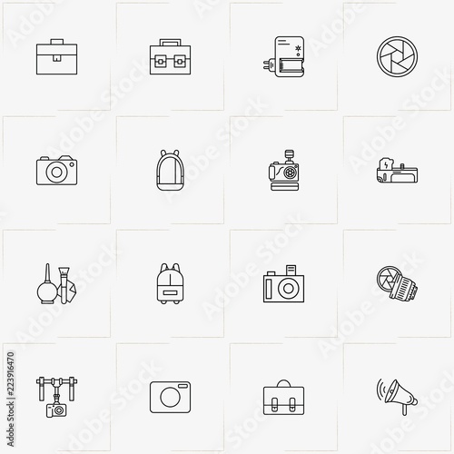 Phototechnique line icon set with camera lens , battery grip and photo camera stand