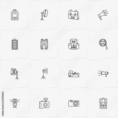 Phototechnique line icon set with photo camera flash stand, photo camera and battery