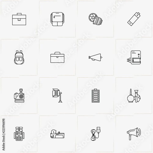 Phototechnique line icon set with charge plug, case and backpack