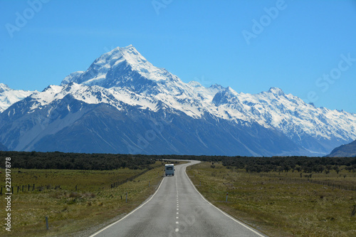 Camper van on the road to Mount Cook