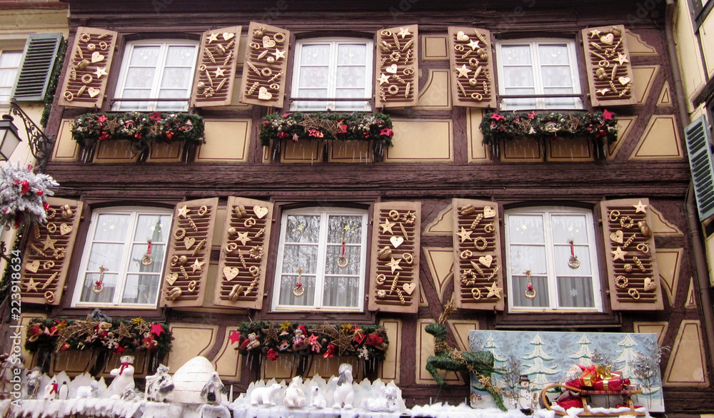 Decorated windows for Christmas, rustical festive ornaments