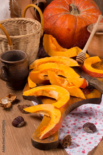 Pumpkin cooking on the kitchen table. Vintage style