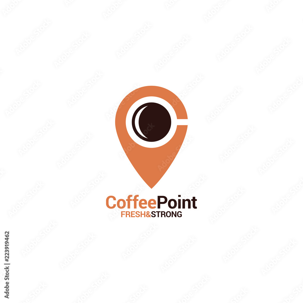 Coffee point logo with coffee cup and location icon on white background Coffee point logo with coffee cup and location icon on white background