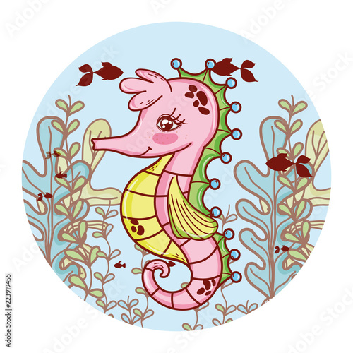 nice seahorse animal with seaweed animal