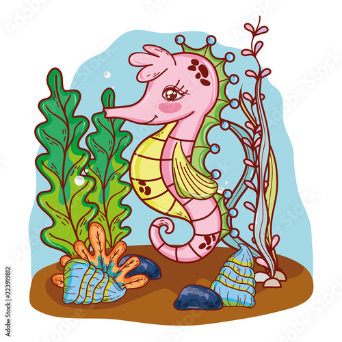 tropical seahorse animal with seaweed plants
