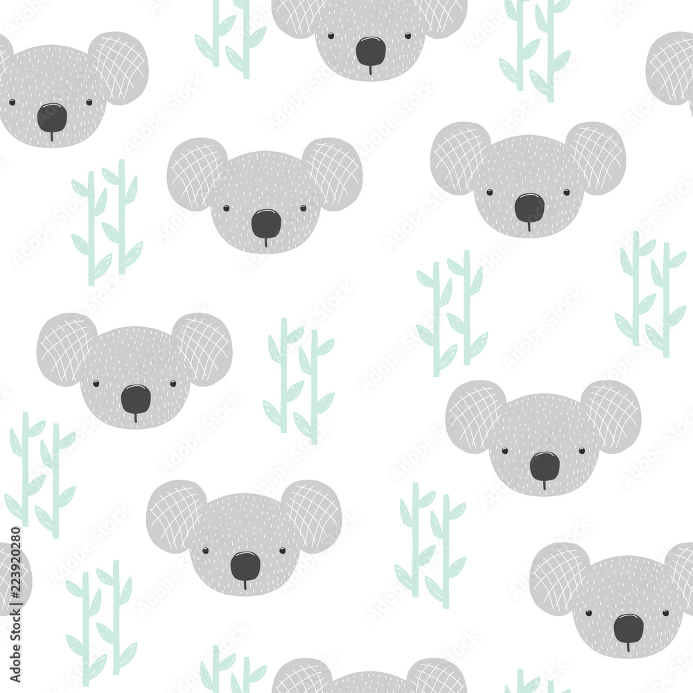 Seamless pattern with koala and bamboo. Childish fashion print. Vector hand drawn illustration.