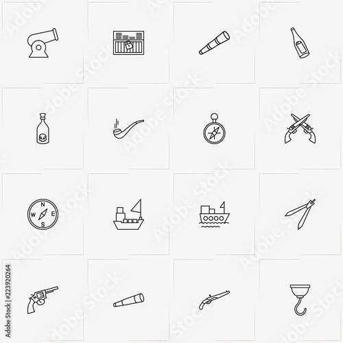 Pirate line icon set with bottle with mail , smoking pipe and ship