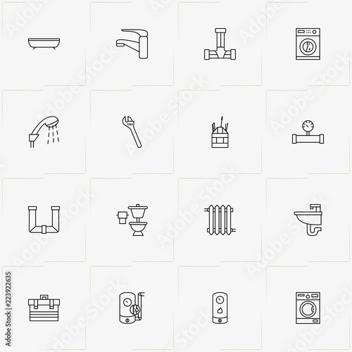 Plumbing line icon set with washing machine , bath and sink