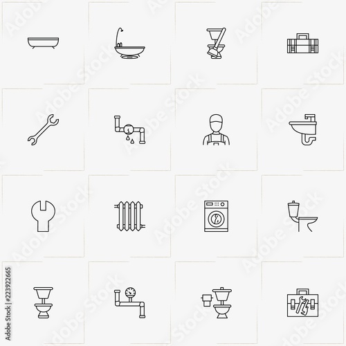 Plumbing line icon set with bath, radiator battery  and sink