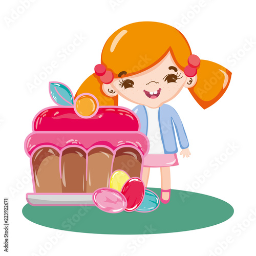 girl with sweet cake dessert and candies