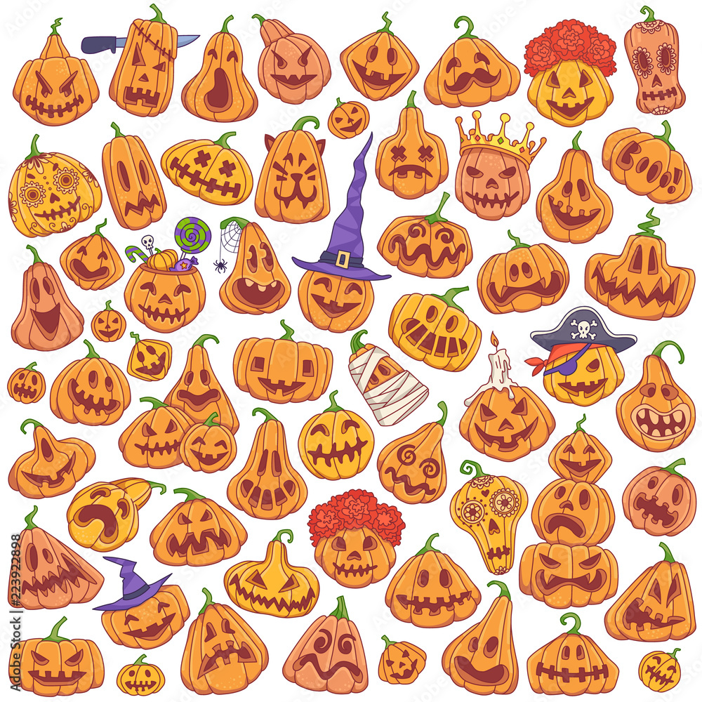 Fototapeta premium Jack-o'-lantern doodle set. Halloween carved pumpkins cartoon style vector illustration isolated on white background.