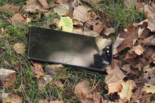 Black mobile phone lost in forest.