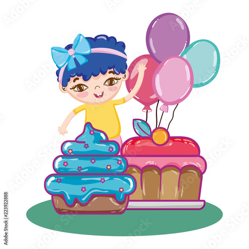 girl with sweet cake and muffin with balloons