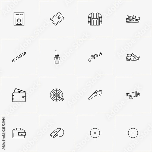 Police line icon set with portable radio , revolver and prisoner shirt