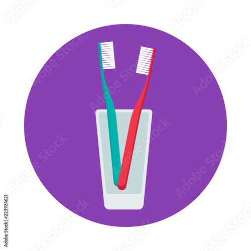 Toothbrush in transparent glass vector illustration isolated on purple background. Hygiene and teeth care elements in modern flat style. Brushing teeth concept.