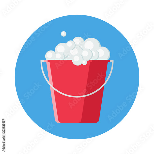 Cleaning bucket with soap bubbles flat icon isolated on blue background. Simple cleaning bucket sign symbol in flat style. Cleaning and washing Vector illustration for web and mobile design.