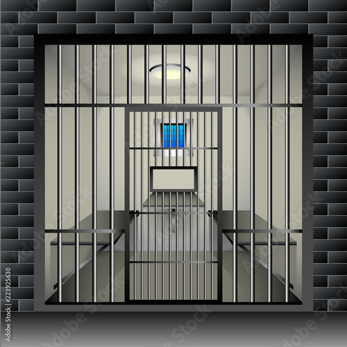 prison cell. Jail interior room interior with window grille and furniture.