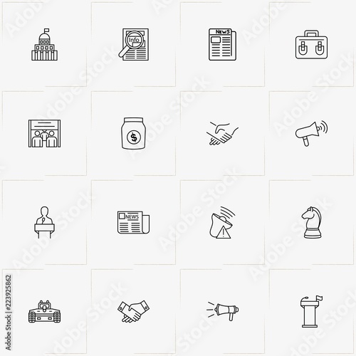 Politic line icon set with case, panzer and jury