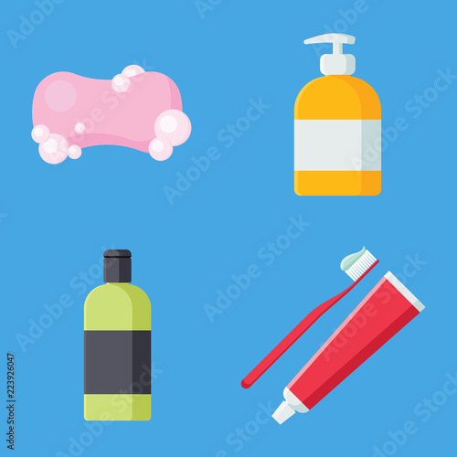 Set of hygiene items in flat style isolated on blue background. Collection of Soap, liquid soap, Toothbrush with toothpaste and Shampoo vector illustration. Care and clean, bathroom objects.