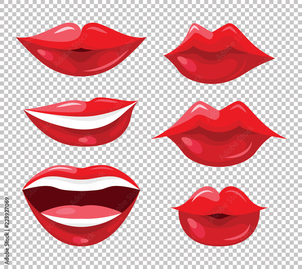 Obraz premium Set of women lips with trendy red lipstick colors. Shiny lip gloss. Vector illustration for web, makeup booklet and posters, fashion and beauty prints.