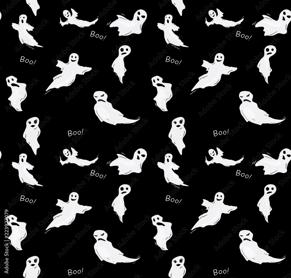 Fototapeta premium Halloween BW funny ghost seamless vector pattern.