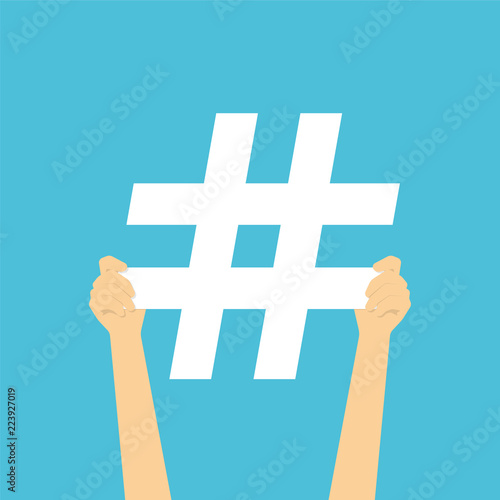 Human hands hold hashtag sign on blue background. Vector in flat style