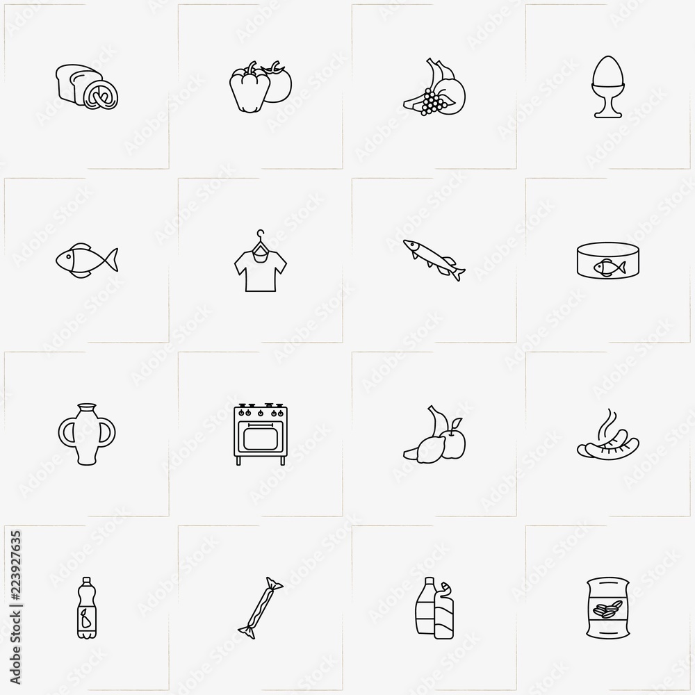 Product Categories line icon set with sausages, candy and cleaning chemicals