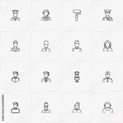 Professions line icon set with french nobleman , painter and cook