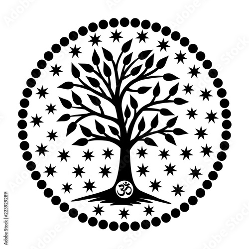 The tree of life with the Aum / Om / Ohm sign in the center of the mandala in the background of the stars. Black and white graphics, logo, symbol, sign. Vector drawing.
