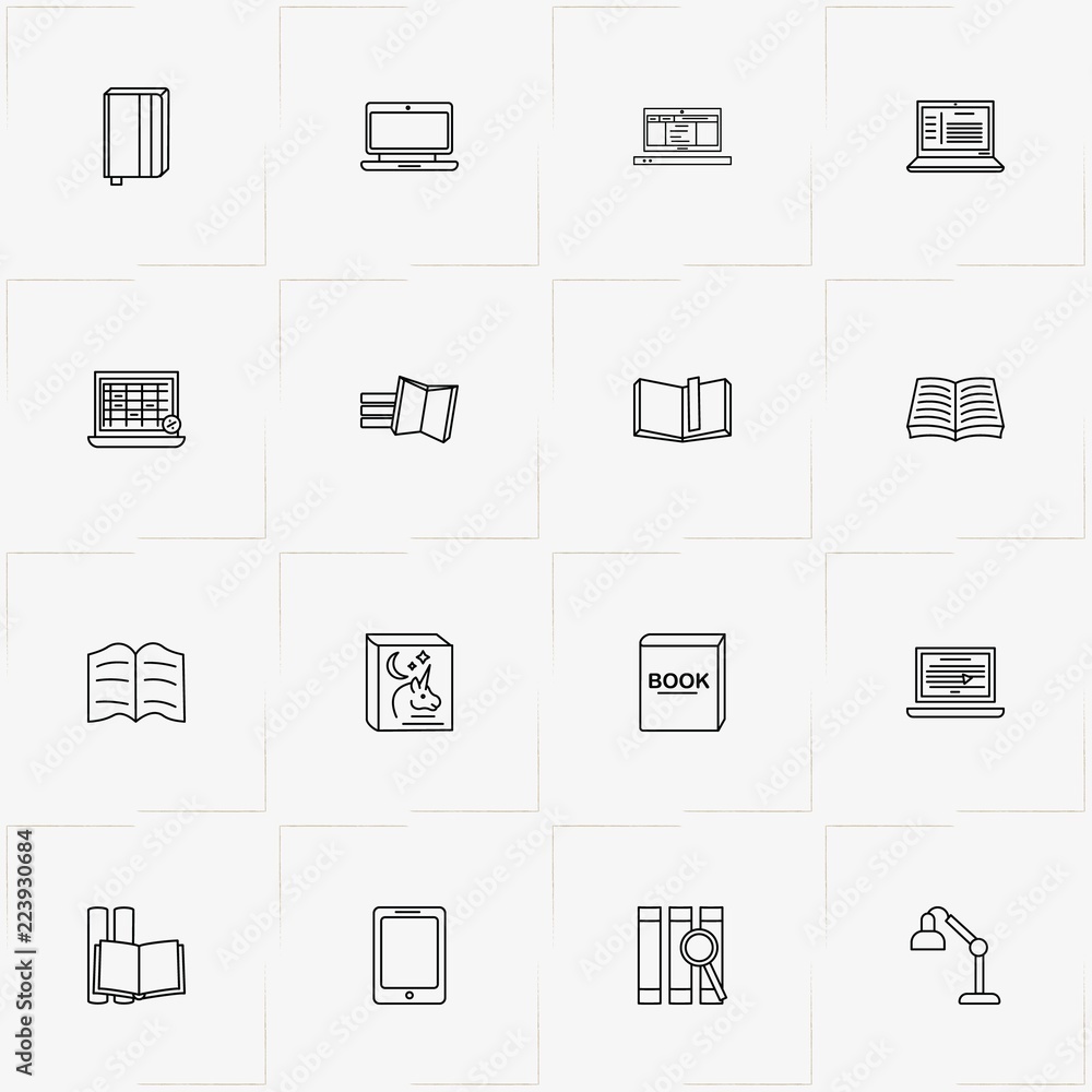 Reading line icon set with tablet, searching book and book Reading line icon set with tablet, searching book and book