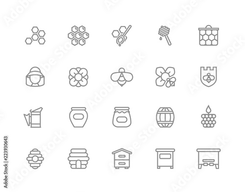 Set of honey line icons. Bee, honeycomb, barrel, beekeeper, dipper, jar, flower, beehive, pot, hexagon, beeswax, spoon and more. Editable Stroke.