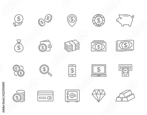 Set of bank and money line icons. Coin, cash, card, credit, atm, diamont, wallet, gold, deposit, purse, piggy, diamond, dollar, bag and more. Editable Stroke.